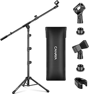 CAHAYA Mic Stand Floor Adjustable - Tripod Boom Arm Microphone Stand with Carrying Bag 2 Mic Clips 3/8" to 5/8" Adapter for Singing Podcast Compatible with Blue Yeti Shure SM58 SM48 Fifine K669B