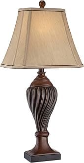Traditional Style Table Lamp 28.5" Tall Carved Two Tone Brown Urn Shaped Ball Beige Fabric Rectangular Shade for Cottage Core Living Room Bedroom House Bedside Nightstand Home Office