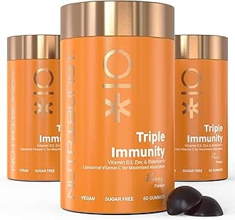Nutriburst Triple Immunity Multipack - Liposomal Vitamin C (100mg), D3 (20µg), Zinc (7.5mg) + Elderberry Extract - Immune & Wellbeing Support - Vegan & Sugar Free - 180 Berry Gummies - 3 Mon Supply