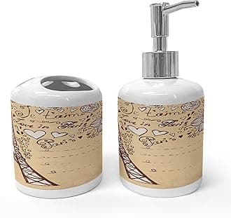 Ambesonne Eiffel Tower Soap Dispenser & Toothbrush Holder Set, French Style Love in Paris Lettering with Outline Doodle Sketch Flowers, Ceramic Bathroom Toiletry Accessories, 2 Pcs, Beige Chocolate