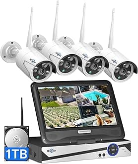 [16CH Expandable] Hiseeu Wireless Security Camera System with 10in LCD 4K Monitor, 4Pcs 5MP Outdoor Indoor Cameras with One-Way Audio, Waterproof, Motion Detect, 1TB HDD/Cloud Storage, Work with Alexa