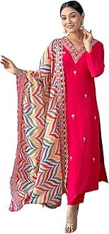 Naixa Women's Viscose Embroidered Straight Kurta with Pant and Dupatta Sets (NX-467)