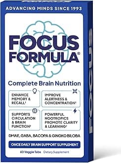 Nootropic Brain Supplement, Focus Capsules for Concentration, Supports Energy, Brain Booster with GABA, DMAE, and BACOPA, Memory Support Supplement, Cognitive Support, 60 Veggie Tablets
