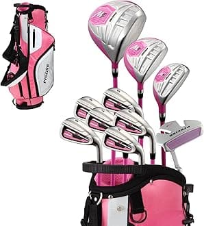 - M5 Womens Golf Clubs Full Set, Titanium Driver, S.S. Fairway, S.S. Hybrid, S.S. 5-PW Irons, Putter, Stand Bag, 3 H/C's, Golf Clubs Women Right Handed, Pink