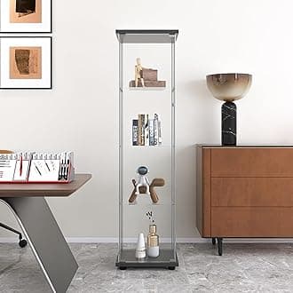 Modern 64'' 4-Shelf Glass Display Cabinet in Clear with Door, Curio Cabinet Collection Display Case, Floor Standing Bookshelf for Living Room Bedroom Home Office (Black -S)
