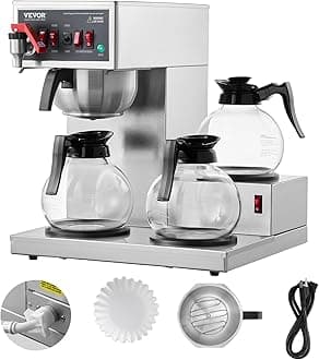 VEVOR 12 Cups Commercial Drip Coffee Maker, Coffee Maker Machine with 3 Glass Carafes and 3 Warmer Plates, Stainless Steel Pour Over Coffee Brewer with Auto Water Intake, for Restaurant Office Cafe