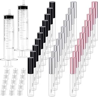 Bercoor 30 Pack Lip Gloss Tube, 10ml Empty Refillable Lip Balm Bottle Clear Plastic Lip Gloss Container with Rubber Stoppers for DIY Makeup, Personal Cosmetic, Black, Sliver and Pink