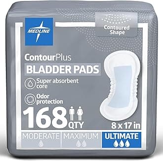Medline ContourPlus Bladder Pads, Women & Men, Discreet, Long Length, Incontinence, Overnight, Postpartum, Leaks, Ultimate Absorbency, 8x17, 168-Count