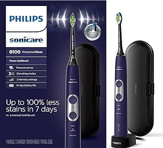 ProtectiveClean 6100 Rechargeable Electric Toothbrush, with Pressure Sensor, 3 Cleaning Modes, SmarTimer and QuadPacer, 14-Day Battery Life, Travel Case, Deep Purple, Model HX6471/03