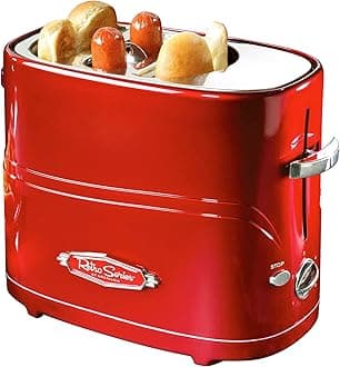 HDT600RETRORED Retro Pop-Up 2 Hot Dog and Bun Toaster, With Mini Tongs, Works With Chicken Dogs, Turkey Dogs, Veggie Links, Sausages and Brats