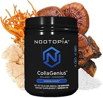 Collagenius v 2.0 - Blended Powder of 4 Mushrooms, Collagen & Superfoods - Brain Supplement Supports Focus, Memory, Hair, Skin - 30 Servings