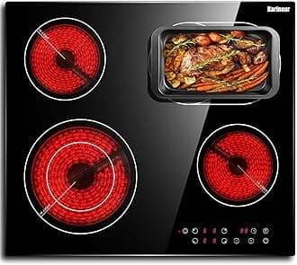 Karinear Ceramic Hob, 60cm Built-in 4 Zones Electric Cooktop with Dual Oval Zone 6600W, Hard Wired, No Plug Included