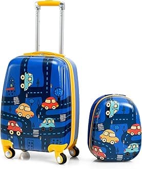 Kids Luggage, 12" Toddler Backpack & 18" Travel Suitcase with Wheels, Lightweight Toddler Suitcase, Durable ABS Hardshell, 2Pcs Carry On Luggage Set for Boys Girls (Car)