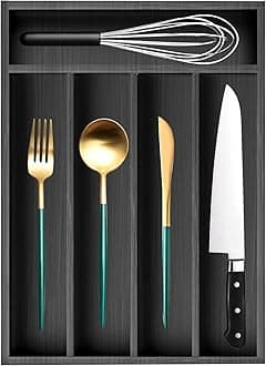 Ayiaren Small Wooden Silverware Organizer Kitchen Utensil Drawer Organizers Narrow Cutlery Tray Black Wood Flatware Organizer for Drawers Spoon and Fork Organizers Bamboo Utensil Holder Drawer Tray