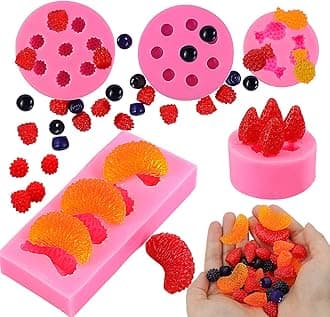 Juome 5Pcs Fruit Shaped Jelly Molds, 3D Mini Pineapple Strawberry Orange Blueberry Mulberry Candle Silicone Fruit Mold for Cupcake Decorating, Soap, Chocolate