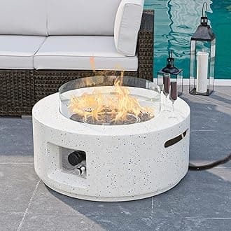 HOMPUS Outdoor Propane Fire Pit, 40,000 BTU 28-inch Round White Terrazzo Concrete Fire Table Gas Fire Pit with Wind Guard, Lava Rocks and Rain Cover for Outdoor, Pool, Deck or Backyard