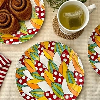 GOLDEN QUEEN'S Snack Plates Set of 4 | Perfect for Serving Snacks, Desserts, Appetizers, Salads, Tapas, Cheese | 7 inches Wide | Microwave Safe (Red & Yellow Abstract)
