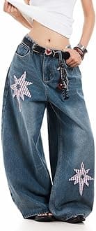 Women's Wide Leg Jeans Y2K Retro Streetwear Extra Baggy Denim Pants with Star Patchwork