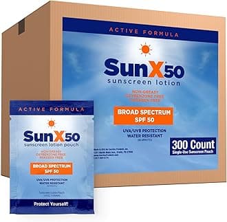 CoreTex ​​Sun X 50 SPF Individual Sunscreen Packets Travel Size - Pack of 300 Paraben, Oxybenzone, & White Cast Free Broad Spectrum SPF Sunscreen Packets - Water & Sweat Resistant For Up To 80 Minutes