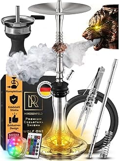 Shisha Set Complete - Shisha Set with Unique Air Flow through 3 Elegant Wolf Heads Made of Copper - Quality Shisha Accessories + Shisha LED Light Coaster with Remote (Stainless Steel)