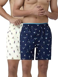 Men's Renew Super Combed Cotton Regular Fit Printed Boxer Shorts with No Marks Waistband & Dual Side Pocket (Pack of 2)