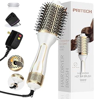 PRITECH 1000W Dual Voltage Ceramic Ionic Hair Dryer Brush,4-in-1 Hot Air Styler & One Step Volumizer for Straight & Curly Hair Salon (110-120V/220-240V),Platinum
