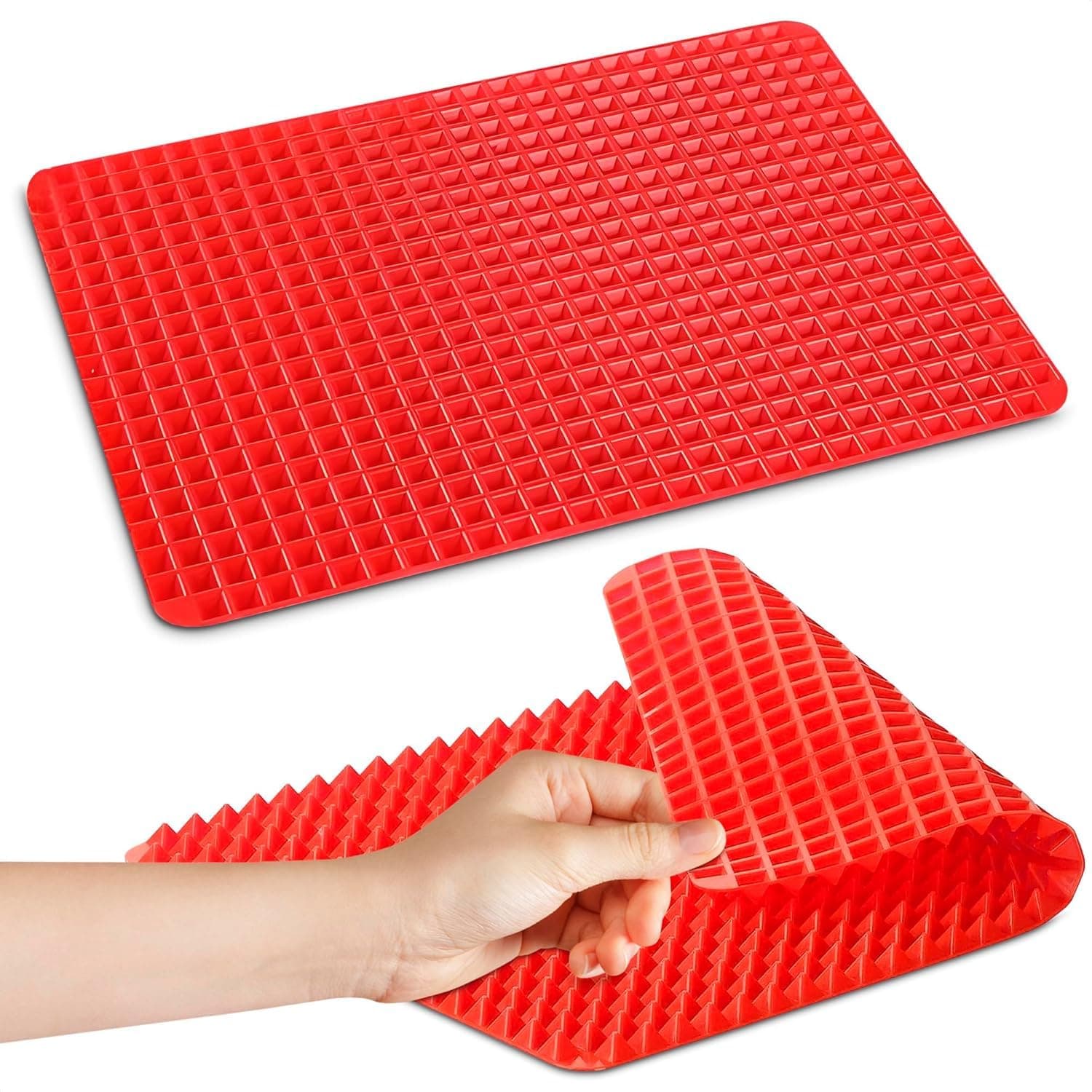 Red Silicone Baking Mat - 16x11.42" Non Stick Baking Mat With Fat Filtering Red Pyramid Design, Suitable for Oven & Microwave - Flexible & Easy-to-Clean Silicone Cooking Mats for Roasting, BBQ, Bacon