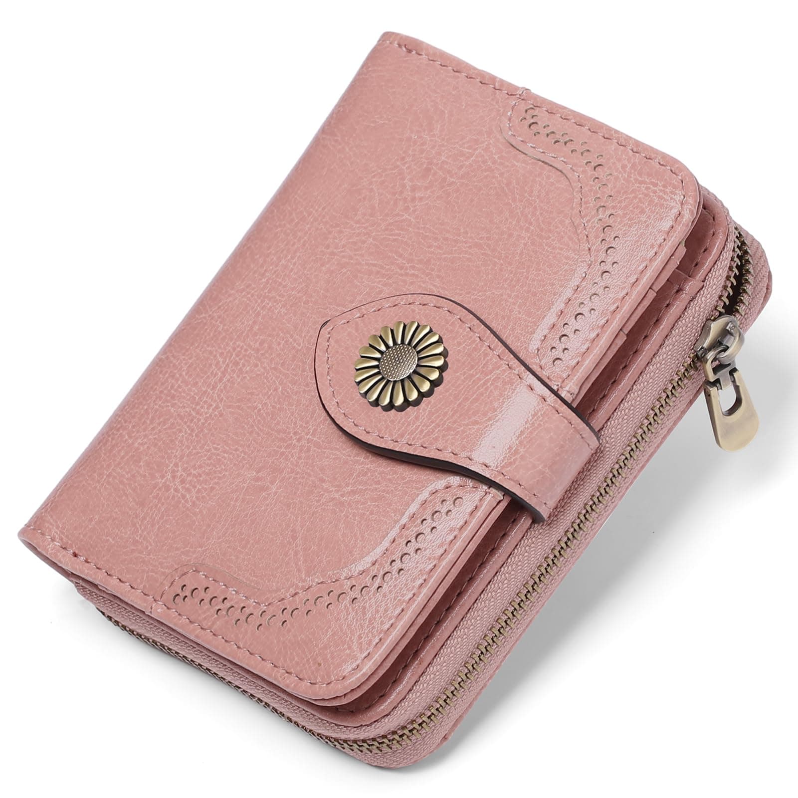 Small Womens Wallet Leather RFID Blocking with Multiple Card Slots and Zipper Coin Pocket