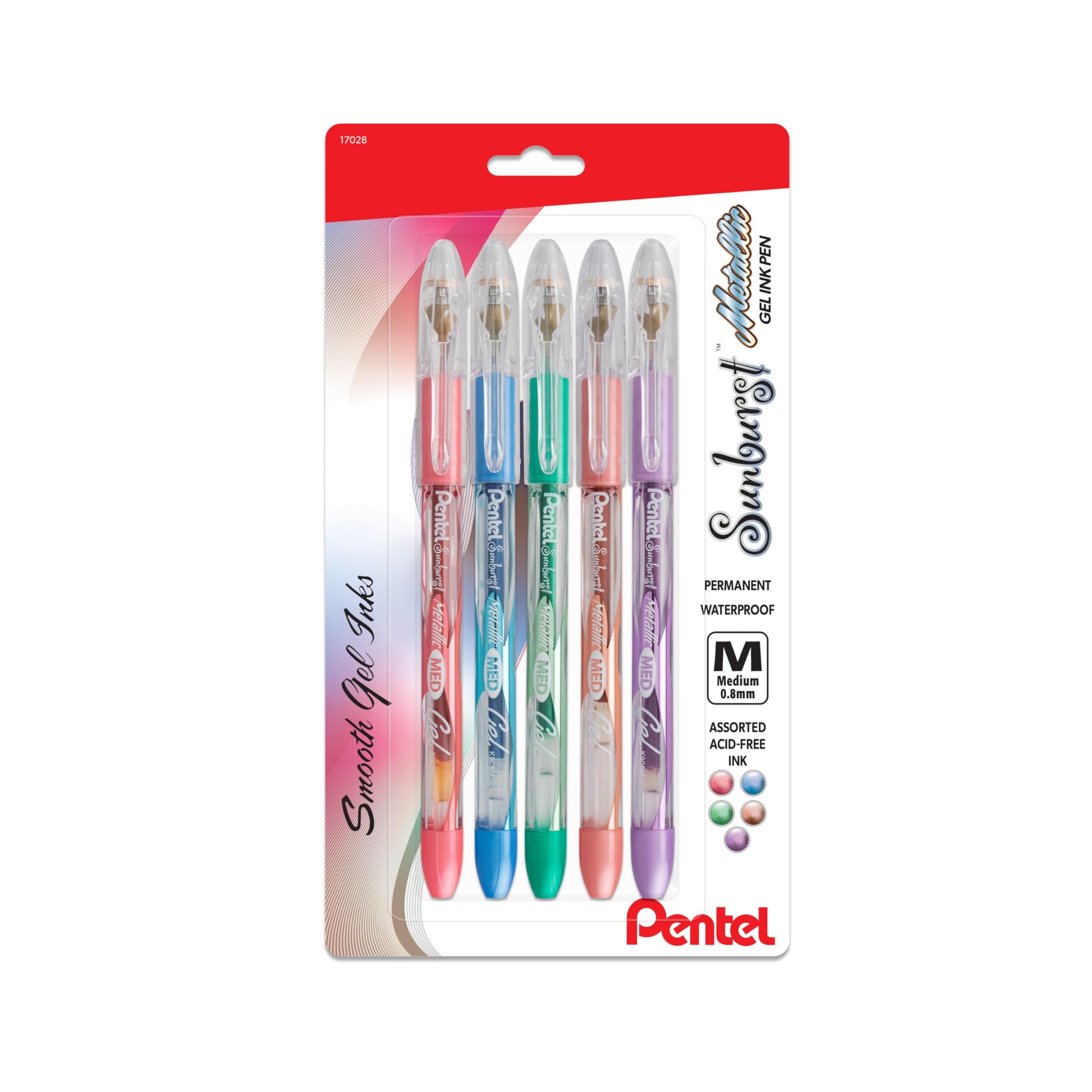 Sunburst Metallic Gel Pen, Medium Line, Permanent, Assorted Ink, 5 Pack (K908MBP5M1)