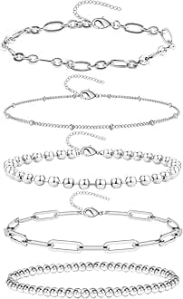 14K Gold Chai14K Gold Chain Bracelets Set for Women, Dainty Paperclip Link Bead Stackable Layered Bracelets Metal Fashion Jewelry