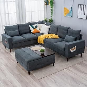 Panana L Shape Sectional Corner Sofa, 3 Seater ansd 2 Seater Corner Couch, Upholstered Linen Fabric Suite with Solid Wood Legs and CUshion Backrest For Living Room Lounge, Grey