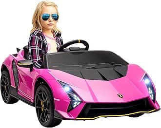 AIYAPLAY 12V Lamborghini Autentica Licensed Kids Electric Car with Butterfly Doors, Ride on Car with Remote Control, 4 Suspension Wheels, Soft Start, LED Lights, Music, Horn, Pink