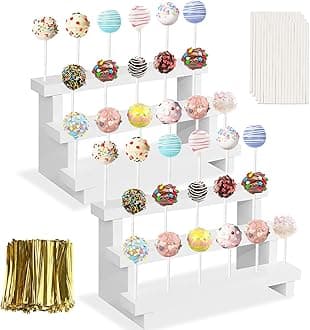 2Pcs Wood Cake Pop Stand, White Lollipop Holder 3 Tier with Twist Ties Lollipop Sticks, 17 Holes Sucker Display Riser for Dessert Table of Wedding Birthday Party