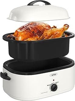 Royalcraft Roaster Oven with Self-Basting Lid, 18qt Electric Roaster with Removable Pan & Rack, Turkey Roaster Oven with Defrost & Warm Function, Stainless Steel, White