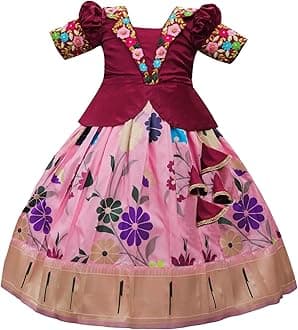 White ButtonSatin New South Indian Traditional Collar Digital Pattu Pavadai Readymade Lehenga Choli For Girl's Dress