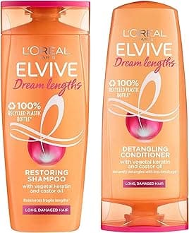 L'Oreal Paris Elvive Dream Lengths Shampoo and Conditioner Set for Long Hair, Nourishing & Strengthening Treatment to Prevent Hair Breakage, Enriched with Castor Oil