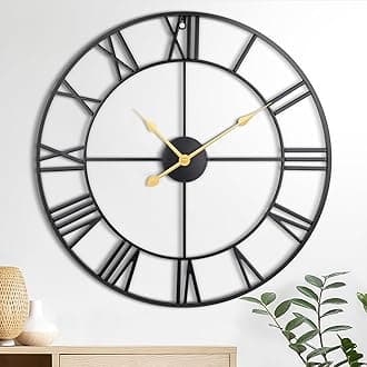 Large Wall Clock, 24-Inch Roman Numeral Decorative Art,Completely Silent, Non Ticking, Battery-Operated Metal Wall Clock for Living Room, Bedroom and Kitchen-Black&Gold Hands