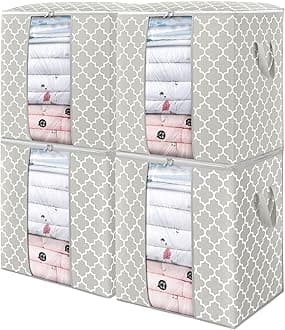 WISELIFE Storage Bags 4 Pack/100L Large Blanket Clothes Organization and Storage Containers for Comforters,Bedding, Foldable Organizer with Reinforced Handle, Clear Window, Sturdy Zippers,Lvory