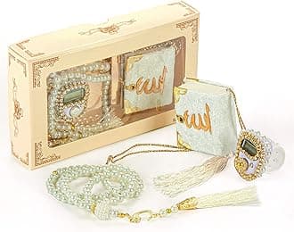 İhvan Online Mini Velvet Quran Set with Islamic Finger Counter, Portable Digital Tasbeeh, Muslim Prayer Beads, Pearl Zikirmatic Beads, 3 Pieces Gift Set for Mevlüt (Cream)
