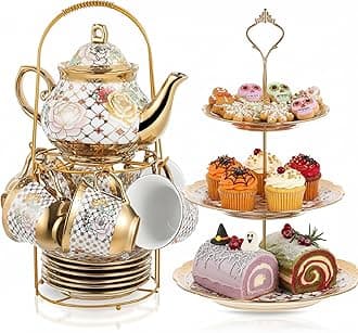 Maxcheck 21 Pcs Porcelain Tea Set for Women Tea Party with Metal Holder and 3 Tier Cake Stand Ceramic European Floral Teapot Set for Adults Mother's Day Christmas Thoughtful Gift(Stylish Style)
