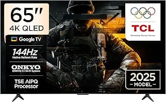 TCL 65T8C Television 65 Inch Smart TV 4K QLED Colorful Quantum Crystal HDR 10+ Gaming Google TV, 144Hz Native Refresh Rate, ONKYO 2.1 Hi-Fi, Dolby Atmos, DTS Virtual X, MEMC, Game Master (2025 Model)