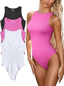Women’s Sexy Ribbed Bodysuit Tops - 3 Piece Sleeveless Halter Neck Bodysuits with Tummy Control (Color : Black Rose White, Size : L)