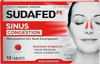 PE Sinus Congestion Relief Tablets, Maximum Strength, Non-Drowsy 10 mg Phenylephrine HCI Decongestant for Sinus Pressure & Nasal Congestion Relief from colds or Allergies, 18 ct