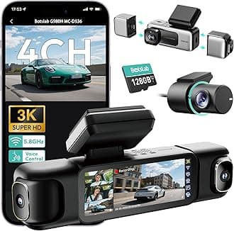 BOTSLAB 3K 4 Channel Dash Cam, 3K/4K Front and 1080p*3 Car Camera Left Right Inside, 560° Dash Cam for Car, Built-in 5.8GHz WiFi and GPS, Voice Control, Included 128GB SD Card
