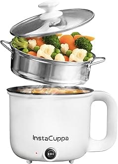 InstaCuppa Stainless Steel 3-In-1 1.2Liter Multi Cook Kettle With Steamer,Non-Stick Inner Pot,Adjustable Temperature,Ideal For Boiling Milk,Tea,Coffee,Eggs&Steaming Veggies,600 Watts,Elegant White
