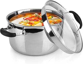 AVACRAFT Tri-Ply Stainless Steel Stockpot with Glass Strainer Lid, Side Spouts, 6 Quart Pot, Multipurpose Stock Pot, Sauce Pot (Tri-Ply Full Body, 6 QT)