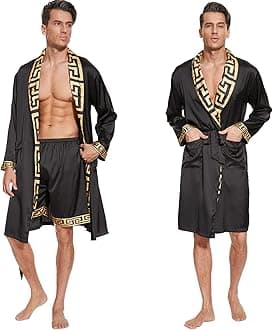 Men's Luxurious Silk Bathrobes Long Sleeve Satin Kimono Robe with Shorts Sleepwear Set Printed Bathrobes