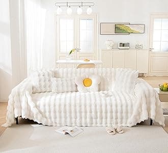 VM VOUGEMARKET Thick Faux Rabbit Fur Couch Cover 1-Piece Warm Soft Cozy Sofa Covers,Fluffy Plush Sofa Slipcover Furniture Protector for Bed Couch (White,71" x 118")