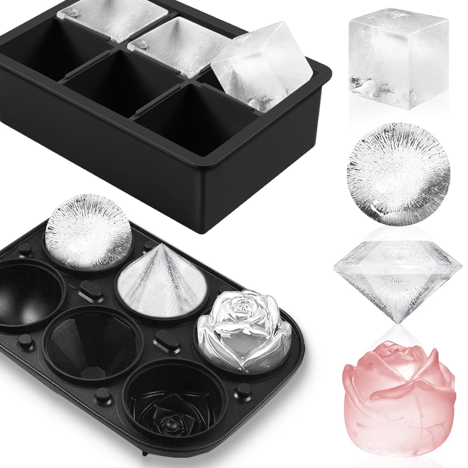 2Pack Silicone Square and Round Ice Cube Trays - Sphere, Rose, Diamond Molds for Whiskey, Cocktails & DIY