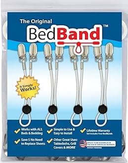 White Not Made in China. 100% USA Worker Assembled. Bed Sheet Holder, Gripper, Suspender and Strap. Smooth any Sheets on any Bed. Sleep Better. Patented.